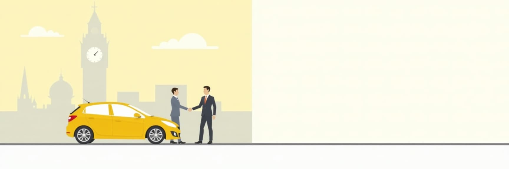  a vector image. minimalism. the colors are yellow, gray, and white. the background is white. the image is divided into two parts. in the left part, two cars are standing next to each other, two people are shaking hands next to each other; a clock tower, a city in the background. the right side of the image is empty