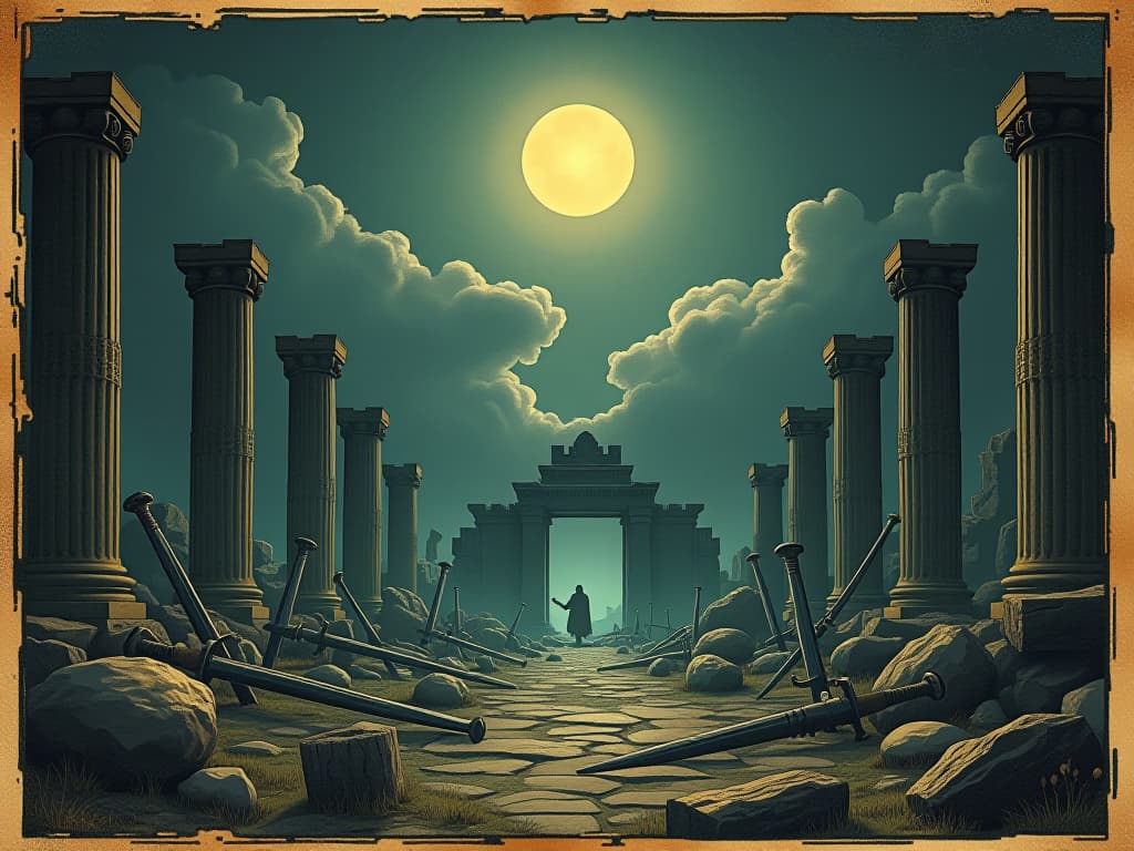  ancient battleground under moonlight, ruins scattered with ancient weapons, eerie silence, desolate, somber, ethereal light. an illustration in the style of a worn, mystical old tarot trump card, mysterious and elements of surrealism. the colors are muted, somber and eerie, but with contrast bring out an occult and esoteric vibe.