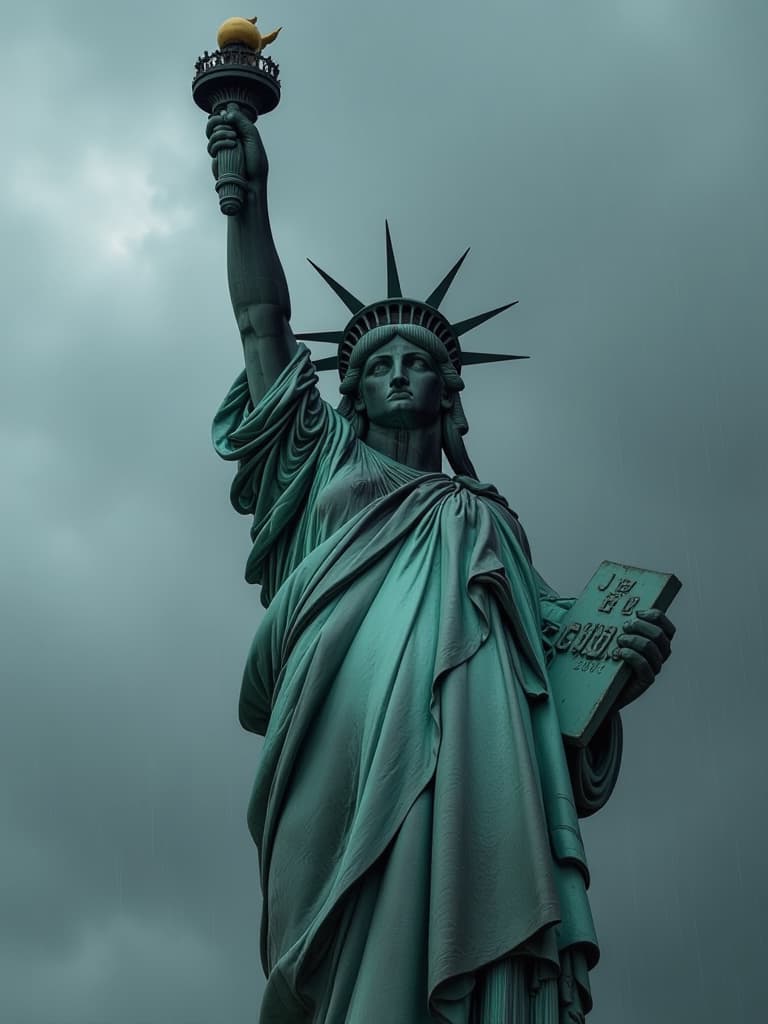  realistic, detailed, black statue of liberty, gray sky, rain, gray clouds, upper body view, dark atmospher