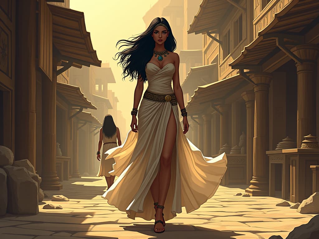  a large busted goddess in flowing, sheer gown, gently guiding a lost traveler through a bustling ancient marketplace. the style is digital art illustration / modern comic book / mysterious occult, symbolic, esoteric vibe,high detail on character design, incorporating ancient egyptian symbology and attire.