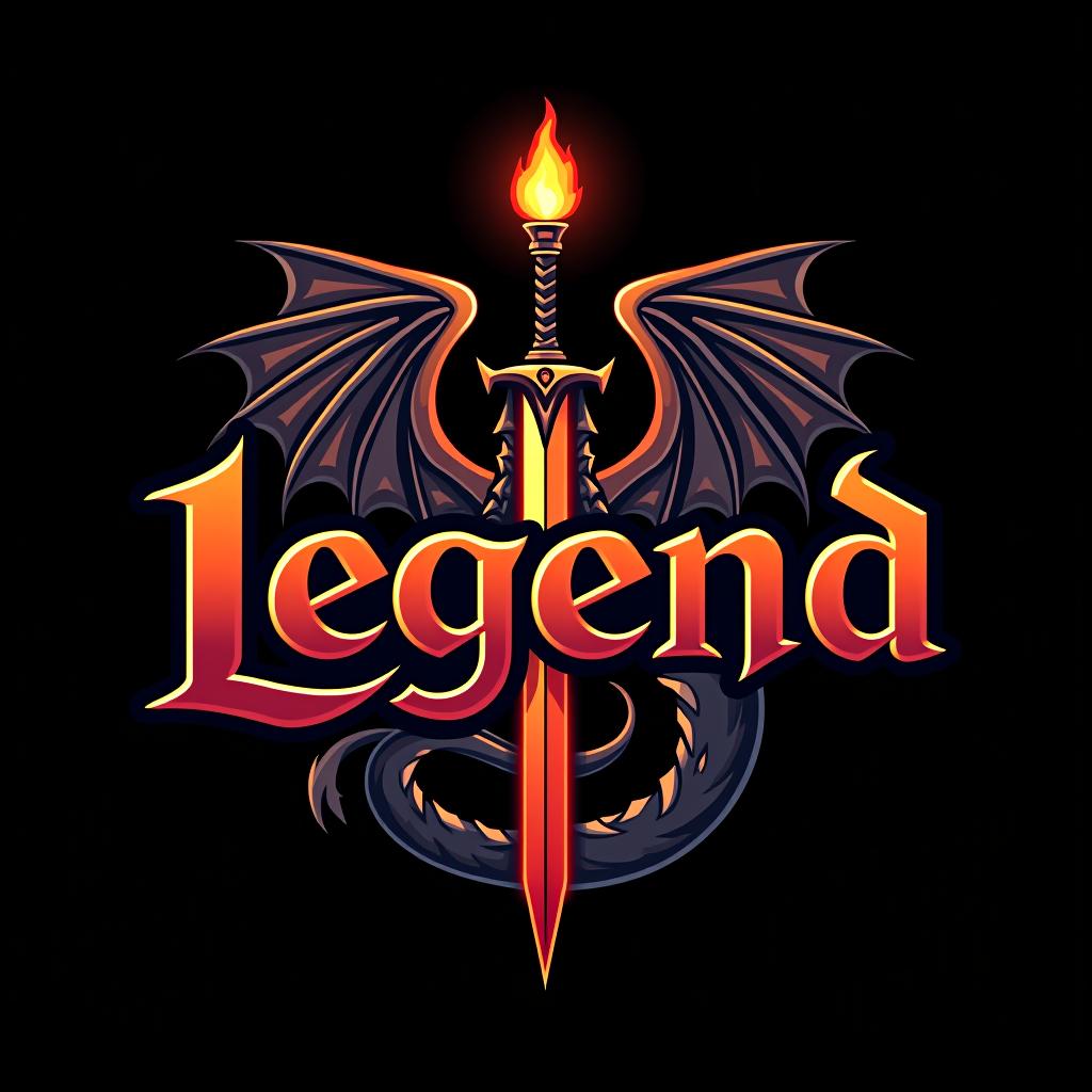  design a logo, custom sticker design on an isolated black background with the words ‘legend’ in bold font decorated by mythical dragons and a flaming sword