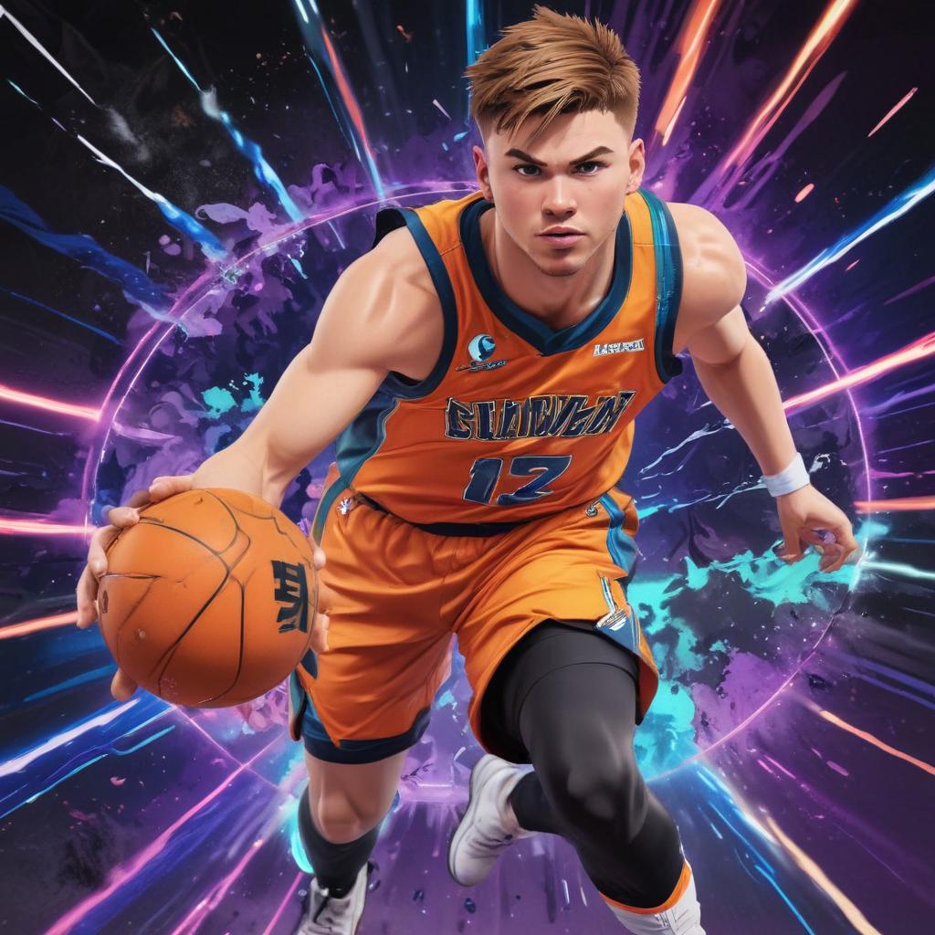 distance-shot, flashy, full-body, dynamic, holographic, animated cartoon poster of luka doncic in the style of dragon ball super