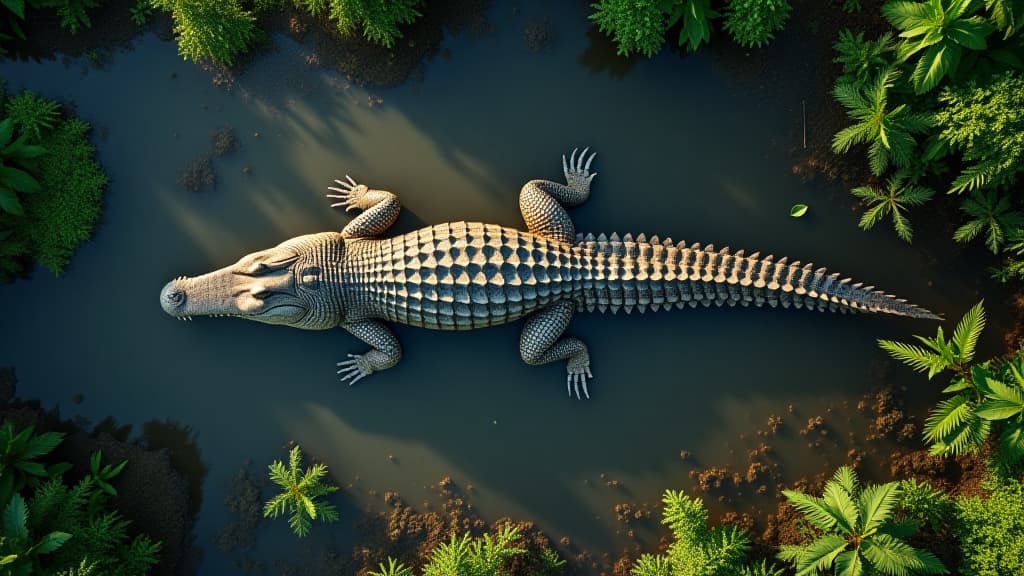  top view photo of large nile crocodile in african river or lake. nature background, jungle forests wallpaper of central africa with copy space