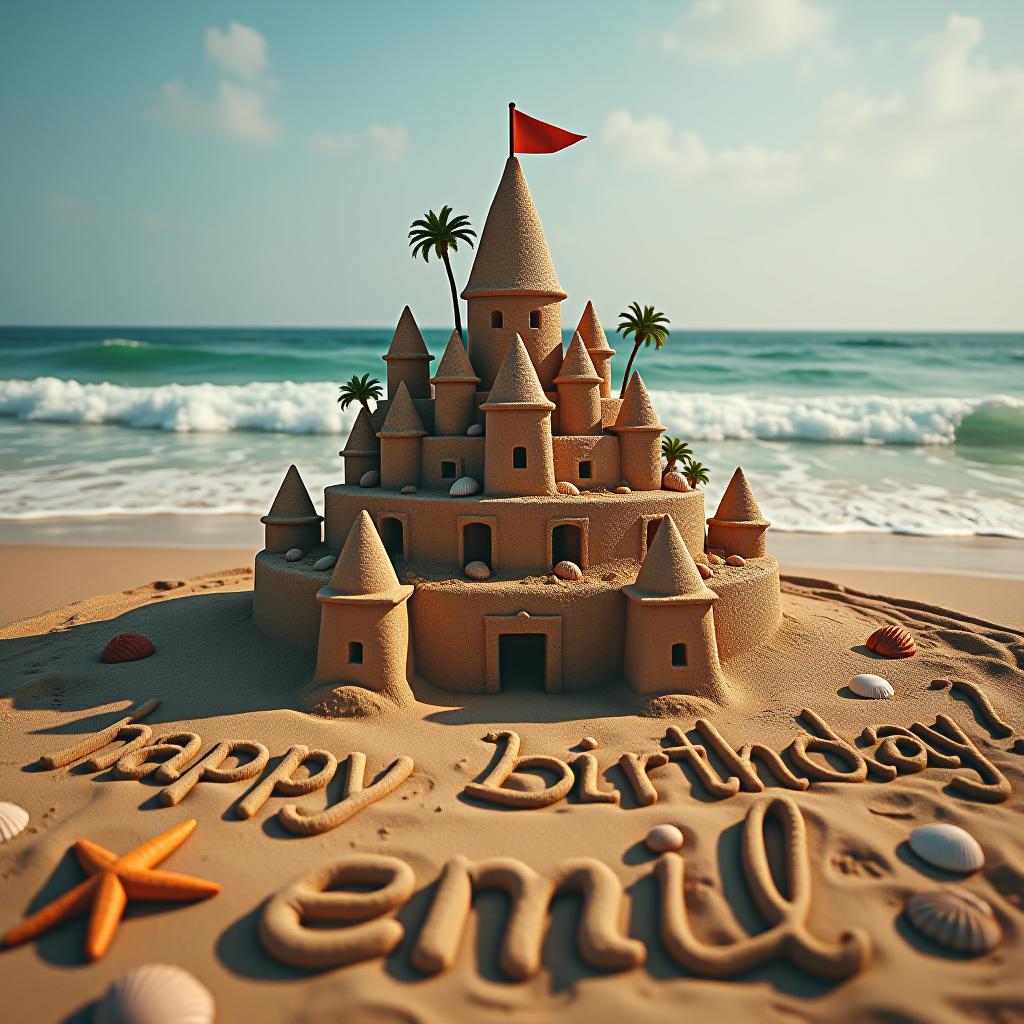  a giant sandcastle on a beach with seashells, starfish, and palm trees, "happy birthday emil!" written in the sand with waves gently approaching hyperrealistic, full body, detailed clothing, highly detailed, cinematic lighting, stunningly beautiful, intricate, sharp focus, f/1. 8, 85mm, (centered image composition), (professionally color graded), ((bright soft diffused light)), volumetric fog, trending on instagram, trending on tumblr, HDR 4K, 8K