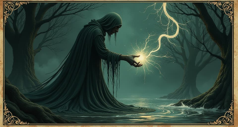  spectral figure with an ethereal glow, shadow tendrils attempting to siphon light, atmosphere of melancholy and exploitation, dark contrasting background. an illustration in the style of a worn, mystical old tarot trump card, mysterious and elements of surrealism. the colors are muted, somber and eerie, but with contrast bring out an occult and esoteric vibe.