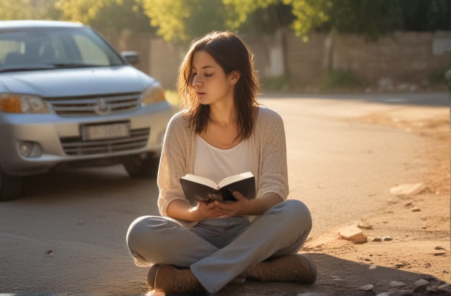 A woman sits on the roadside, her back leaning against her parked car. She holds a book in her hands, engrossed in its pages. The sunlight casts a warm glow, illuminating her surroundings. Despite the inconvenience of the breakdown, she appears serene, finding solace and distraction in the world of literature amidst the roadside scene. The car sits idle beside her, its presence a reminder of the temporary pause in her journey, but the book in her hands offers a journey of its own—a literary escape from the momentary setback.