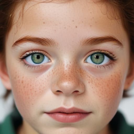 A kid with freckles, brown hair and green eyes