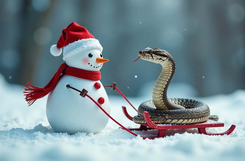  advertising style, stock photo, corporate branding style snowman pulling a snake on a sled, the snake has a santa hat on its head, new year background . professional, clean, modern, product focused, commercial, eye catching, minimalist, business oriented, highly detailed