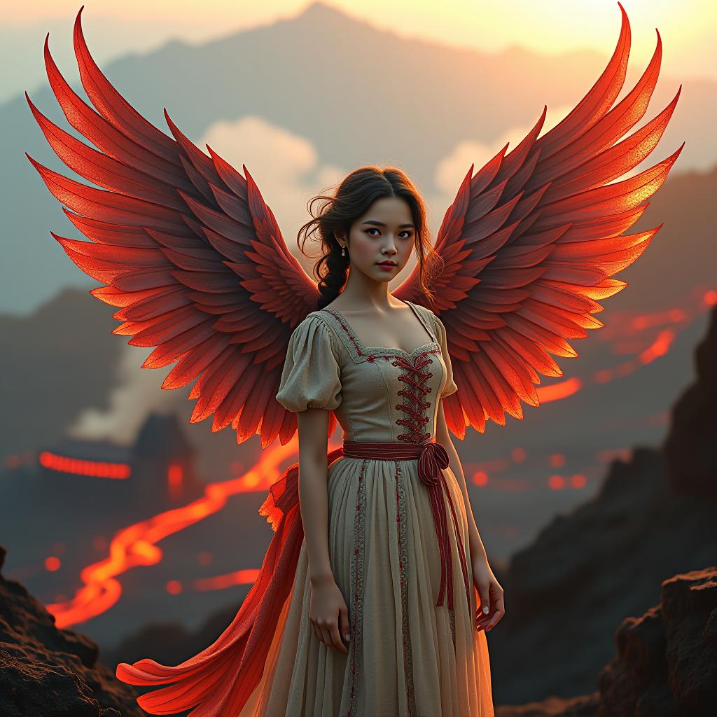  (digital image, double exposure, masterpiece:1.3). (a beautiful girl in the image of a phoenix in vintage clothes, magnificent wings behind her back, expressive beautiful eyes, a look at the viewer:1.6). red ((fiery rivers of lava)), small rounded houses with pointed roofs. (background: eruption of vesuvius:1.4). a fascinating sight, (flowers from the flames:1.4), bright accents. revival. (in the style of josephine wall:1.5). high detail, realistic fantasy, 1024k resolution, hdr. hyperrealistic, full body, detailed clothing, highly detailed, cinematic lighting, stunningly beautiful, intricate, sharp focus, f/1. 8, 85mm, (centered image composition), (professionally color graded), ((bright soft diffused light)), volumetric fog, trending on instagram, trending on tumblr, HDR 4K, 8K