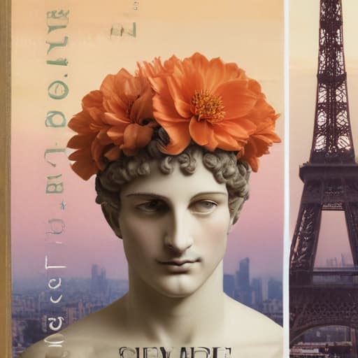 Book cover of book entitled LUDOVIC (in a vogue type font at top of page) a romance novel cult book cover aesthetic, with a collage below the title LUDOVIC featuring : a bacchus head like a Roman statue, a champagne glass, keith baring flower head drawing, and an Eiffel Tower in Cinematic style with Gradient background