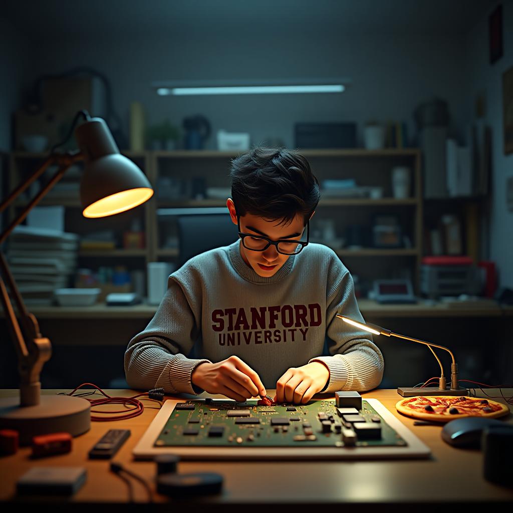  create a high quality, photorealistic image that vividly depicts the following scene: a sweeping wide angle view of a cluttered garage, filled with electronics, wires, and circuit boards, dimly lit by the soft glow of a single desk lamp. positioned centrally is a lanky, bespectacled young man steve, his eyes fiercely determined, engrossed in assembling a complex circuit board. his worn out stanford university sweater and the outline of a half eaten pizza in the background hint at his college dropout status. scene further detailed by an entirely mid 2000's era vibe, captured with a canon eos r5, nikon f/2.8, iso 400, 1/100s, 8k, raw, unedited, naturalistic ambient light, depth of field showcasing steve as the focal point, in frame, 8k hyperrealistic, full body, detailed clothing, highly detailed, cinematic lighting, stunningly beautiful, intricate, sharp focus, f/1. 8, 85mm, (centered image composition), (professionally color graded), ((bright soft diffused light)), volumetric fog, trending on instagram, trending on tumblr, HDR 4K, 8K