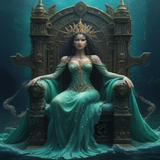 In a mystical underwater kingdom, the grand Atlantis Throne rises from the depths, adorned with intricate coral and shimmering pearls. Atop the throne, the elegant Queen of Atlantis sits regally, her flowing sea-green gown cascading around her. The water around her seems to dance with ethereal light, reflecting her serene beauty. The queen's eyes gleam with wisdom and power, a true ruler of the ocean depths. The scene is both majestic and haunting, a vision of an ancient and powerful civilization hidden beneath the waves. fantastical creatures or characters inspired by mythology, folklore, or popular culture. use vibrant colors, sharp lines, intricate details, dynamic poses, dramatic lighting, atmospheric backgrounds, and blend anime, manga