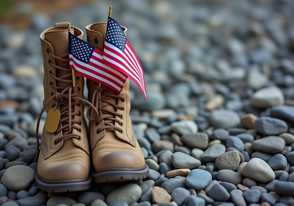  old military combat boots with dog tags and two small american flags. rocky gravel background with copy space. memorial day