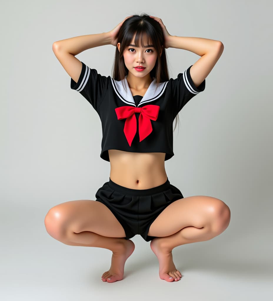   wear mini black sailor style uniform top with a white collar and a red bow, unoned reveal her large s . the top is cropped, leaving her midriff . her micro black, pleated, and short, barely covering her . squat positioned in a low, eagle pose, with her legs wide apart and her hands behind her head