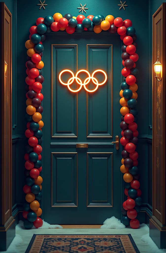  olympic themed door decorations hyperrealistic, full body, detailed clothing, highly detailed, cinematic lighting, stunningly beautiful, intricate, sharp focus, f/1. 8, 85mm, (centered image composition), (professionally color graded), ((bright soft diffused light)), volumetric fog, trending on instagram, trending on tumblr, HDR 4K, 8K