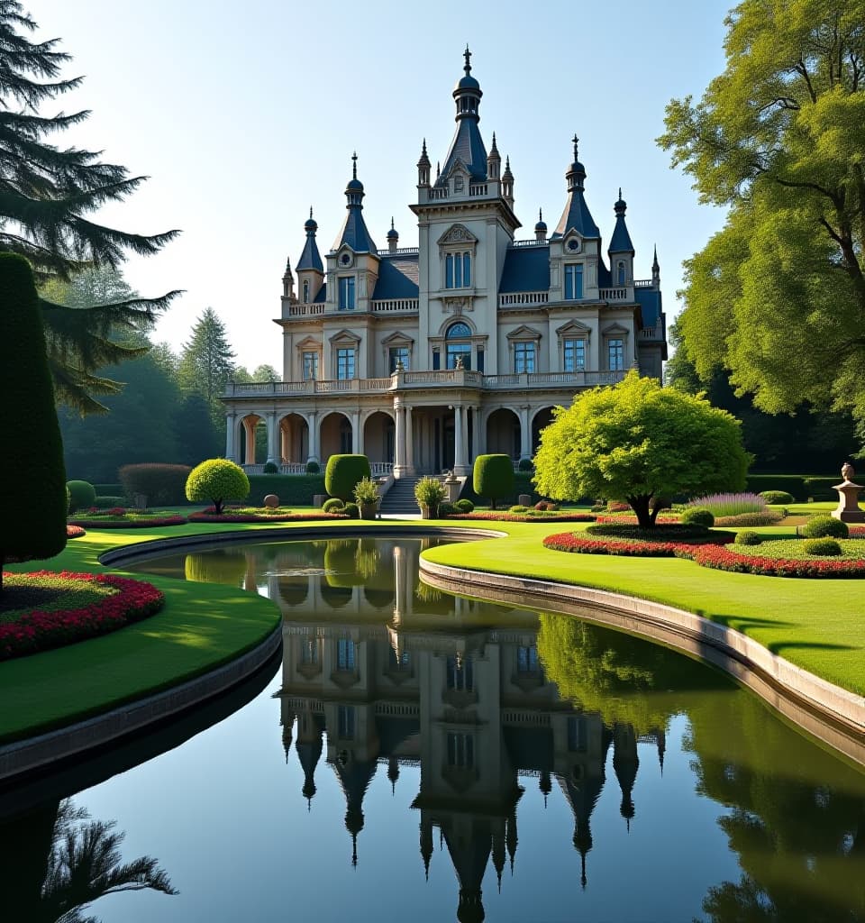  a grand, intricately designed mansion with multiple turrets and a mix of gothic and renaissance architectural elements, surrounded by lush gardens and vibrant flowerbeds. the mansion is reflected in a serene, winding pond, with elegant landscaping including manicured hedges and ornamental statues. the sky is bright and clear, adding a touch of tranquility to this picturesque setting. threads of sunlight illuminate the architectural details, creating a sense of opulence and charm.