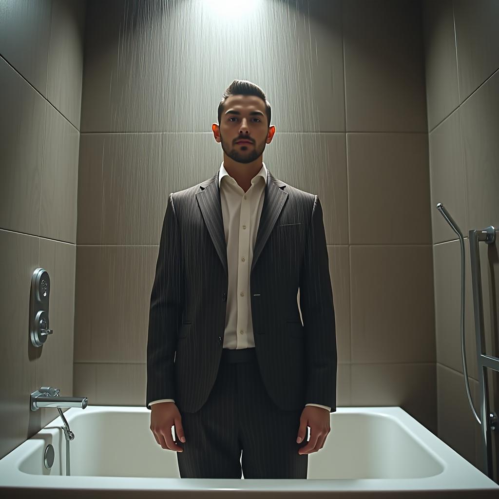  a in and a blazer is standing under the shower in the tub.