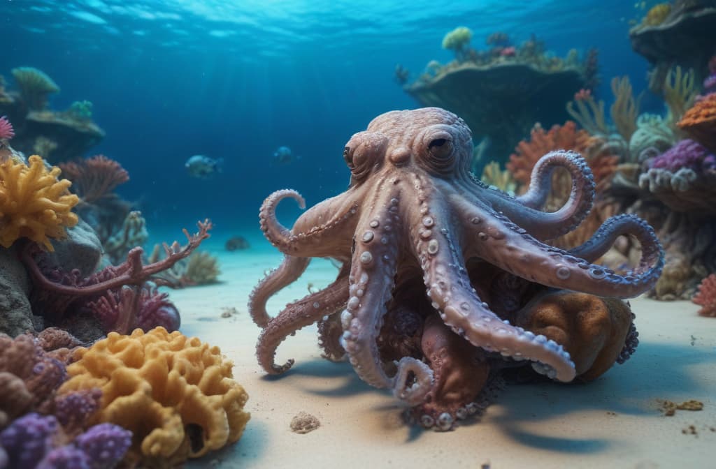 ocean world with octopuses --ar 3:2 high quality, detailed intricate insanely detailed, flattering light, RAW photo, photography, photorealistic, ultra detailed, depth of field, 8k resolution , detailed background, f1.4, sharpened focus