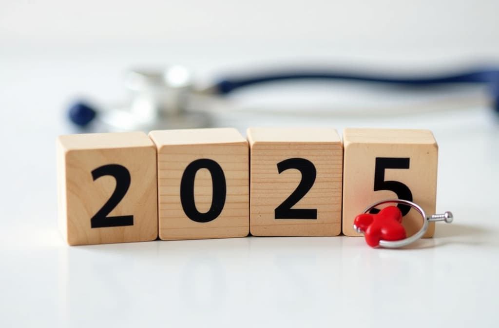  the word "2025" is written on the wooden cubes, and next to it are numbers. there is a red heart and a stethoscope nearby. the background of the photo shows light shades of white. the background is clean {prompt}, maximum details