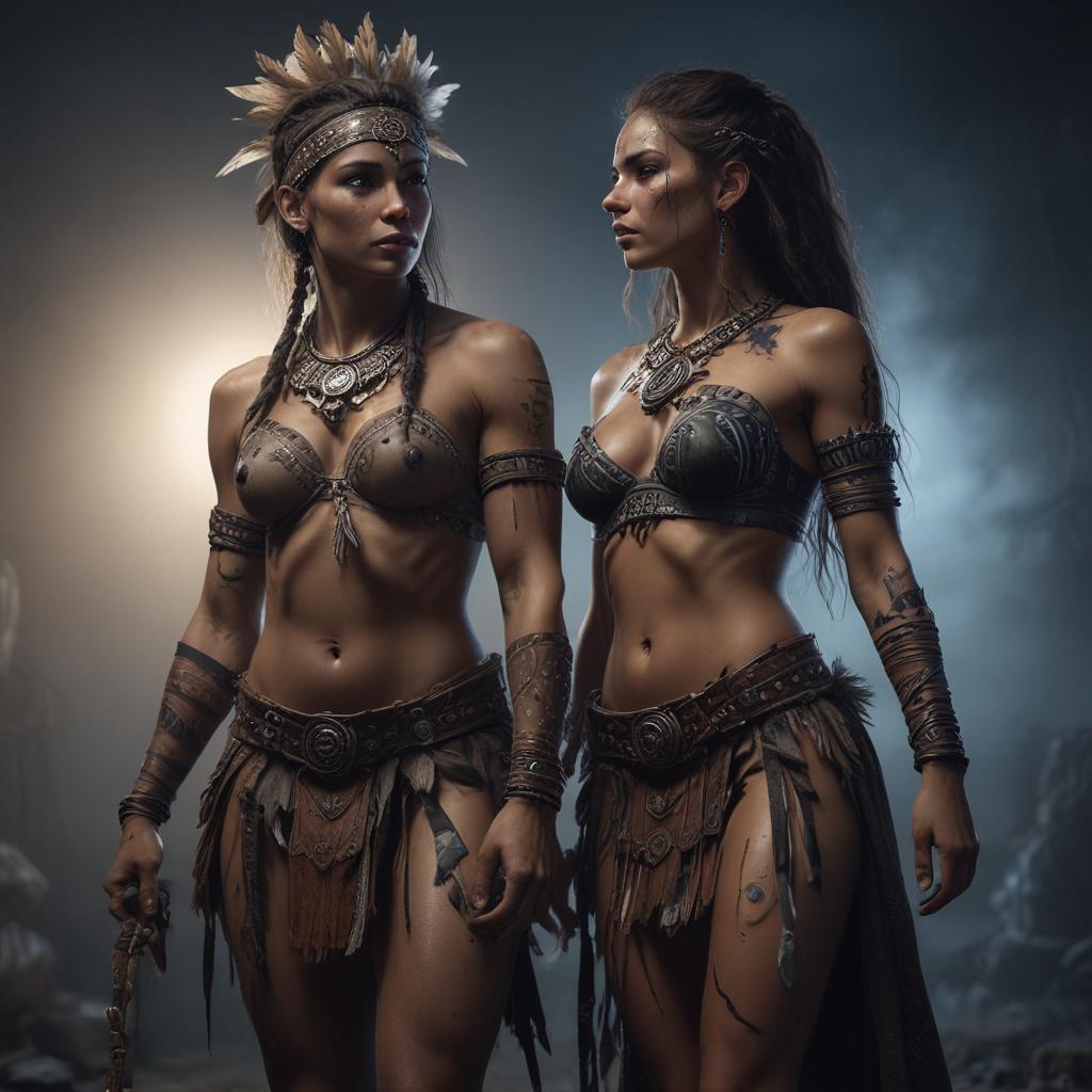 ((masterpiece)),(((best quality))), 8k, high detailed, ultra detailed, sexy tribe couple, (ritual dance), (intricate body paint), tribal weapons, (moonlit night) hyperrealistic, full body, detailed clothing, highly detailed, cinematic lighting, stunningly beautiful, intricate, sharp focus, f/1. 8, 85mm, (centered image composition), (professionally color graded), ((bright soft diffused light)), volumetric fog, trending on instagram, trending on tumblr, HDR 4K, 8K