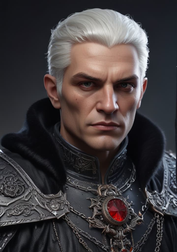 Middle aged red headed vampire with a little strand of white hair. Black Armored Paladin with a black fur cloak. Wearing a necklace of law scales balances on a warhammer. highly detailed,studio lighting,professional,vivid colors, cinematic lighting, HDR, UHD, 4K, 8k, 64K