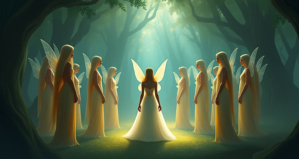  a circle of ethereal, elvish beings in radiant attire standing solemnly in an enchanted grove, one member stepping away. the atmosphere is filled with tension and a hint of betrayal.. the style is digital art illustration,highly detailed, whimsical,magical, dreamlike atmosphere, realism and fantasy blend, smooth, glossy textures,luminous quality, wonder and enchantment.