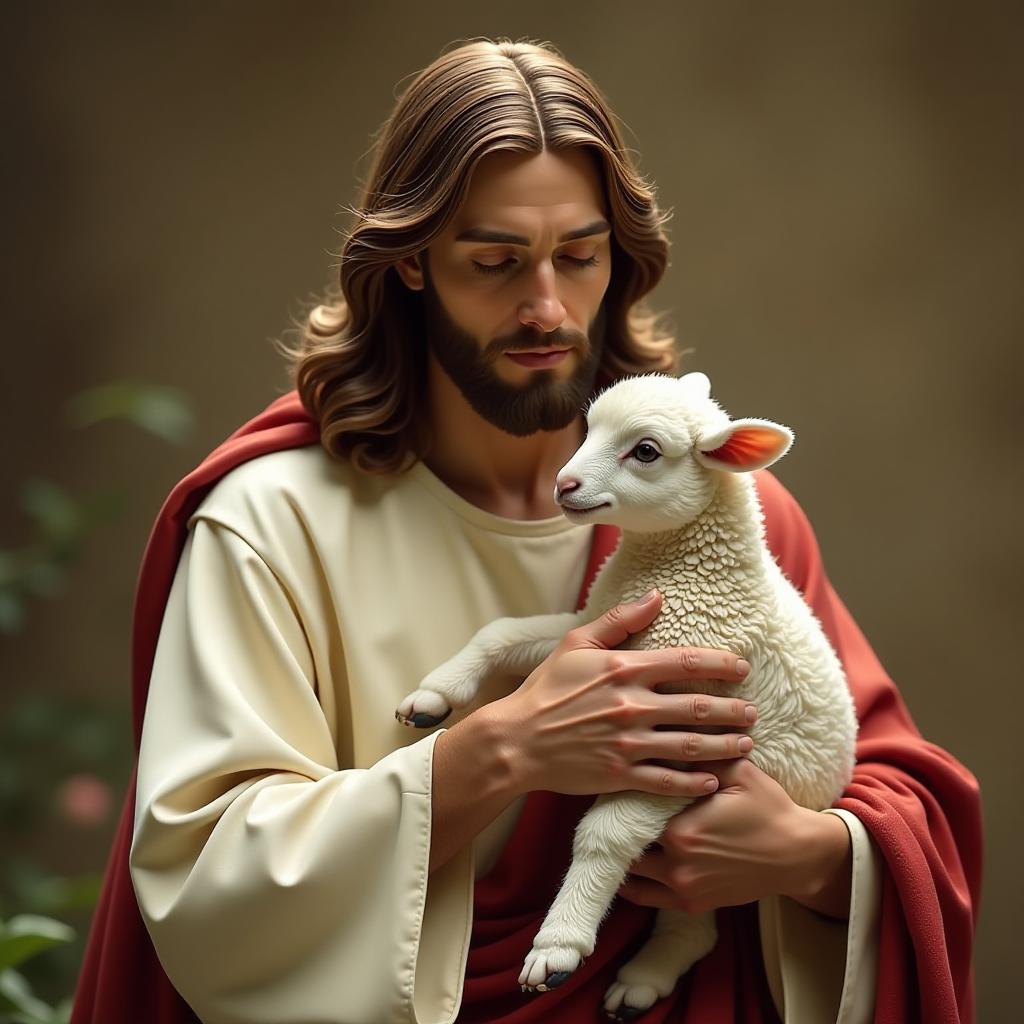  image of jesus christ holding a little lamb of easter holiday concept, high quality, high details, hd, perfect composition, 4k epic detailed, highly detailed, sharp focus, high resolution