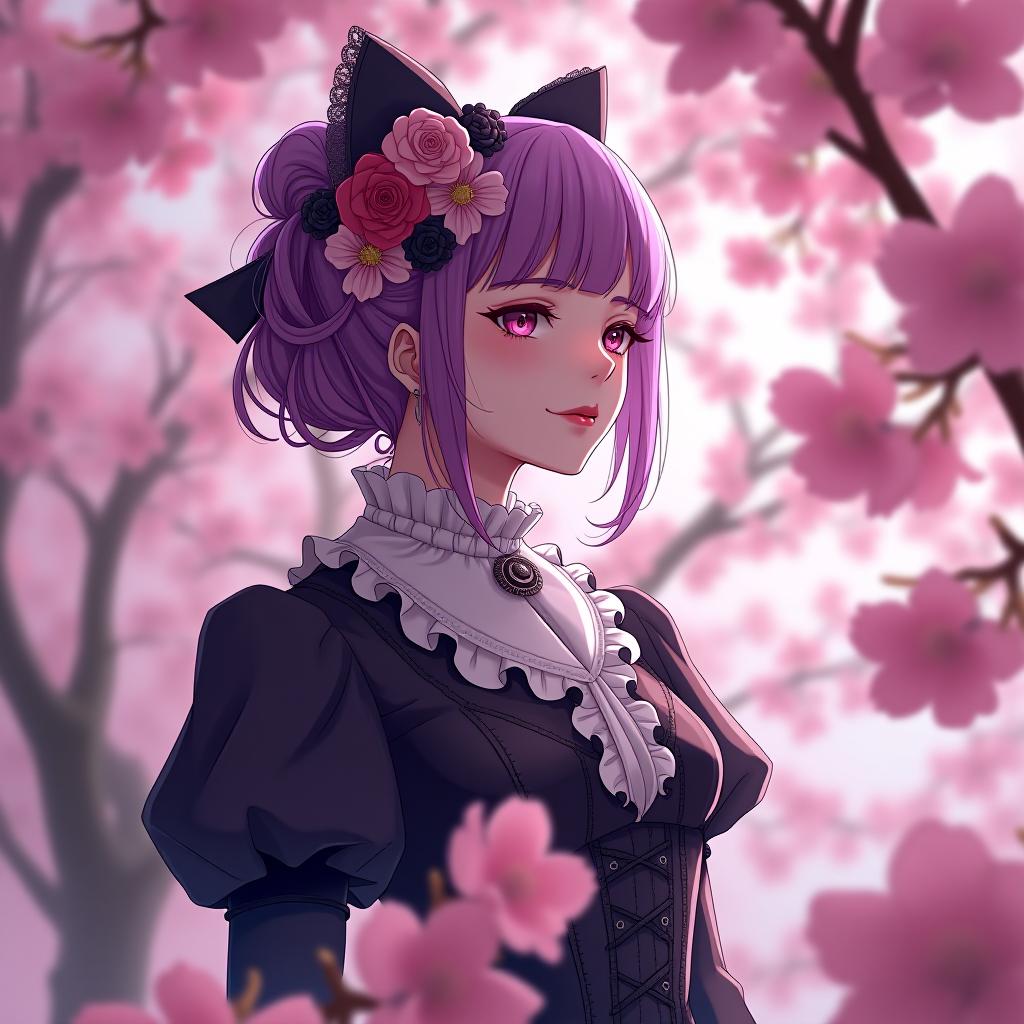  anime artwork a woman with purple hair adorned with flowers wearing a victorian inspired outfit amongst pink cherry blossoms. modern gothpunk pink girl in cherry blossom sakura viewing spring:: victorian goth fashion for pixie faeiries, cameo, tom bagshaw, cathy locke, h. a. brendekilde, jessie m. king, peter nottrott, golden ratio, deep white, purple, white hues, rococo, victorian, characterart, klimt and mucha, mysterious, magical ambiance, . anime style, key visual, vibrant, studio anime, highly detailed, hkmagic hyperrealistic, full body, detailed clothing, highly detailed, cinematic lighting, stunningly beautiful, intricate, sharp focus, f/1. 8, 85mm, (centered image composition), (professionally color graded), ((bright soft diffused light)), volumetric fog, trending on instagram, trending on tumblr, HDR 4K, 8K