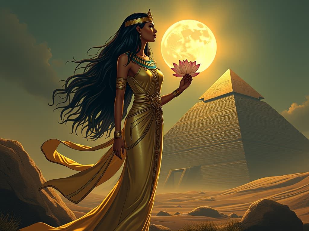  an egyptian priestess in a form fitting gown of shimmering gold, holding a lotus flower, standing beside a pyramid under the full moon, aura of divine grounding and celestial dreams. the style is digital art illustration / modern comic book / mysterious occult, symbolic, esoteric vibe,high detail on character design, incorporating ancient egyptian symbology and attire.