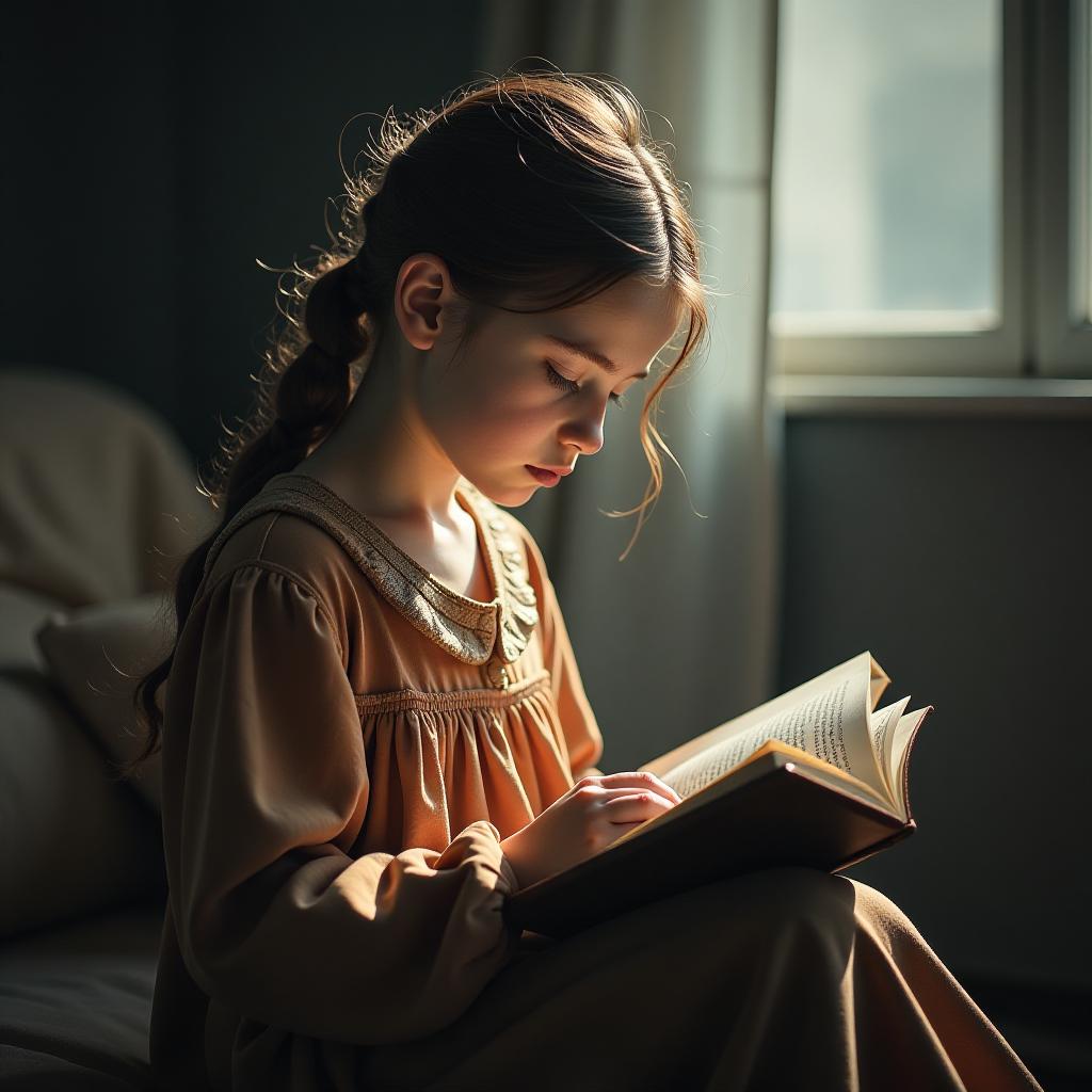  the girl is reading a book. hyperrealistic, full body, detailed clothing, highly detailed, cinematic lighting, stunningly beautiful, intricate, sharp focus, f/1. 8, 85mm, (centered image composition), (professionally color graded), ((bright soft diffused light)), volumetric fog, trending on instagram, trending on tumblr, HDR 4K, 8K