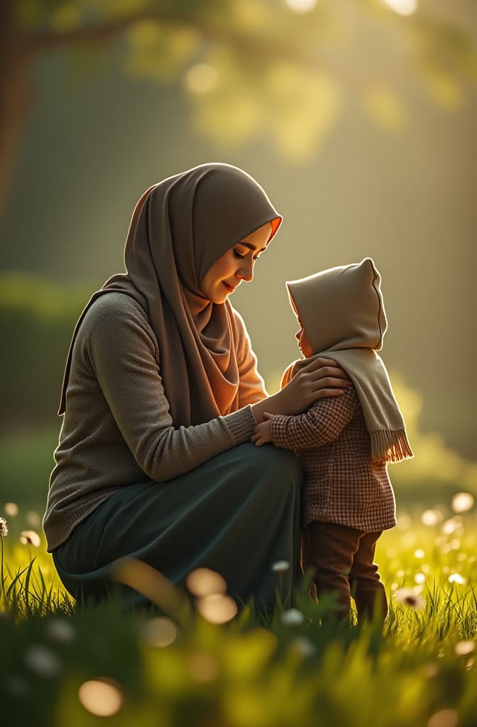  seorang ibu yang sedang memeluk anak perempuannya di taman. gambar dalam bentuk landscape hyperrealistic, full body, detailed clothing, highly detailed, cinematic lighting, stunningly beautiful, intricate, sharp focus, f/1. 8, 85mm, (centered image composition), (professionally color graded), ((bright soft diffused light)), volumetric fog, trending on instagram, trending on tumblr, HDR 4K, 8K