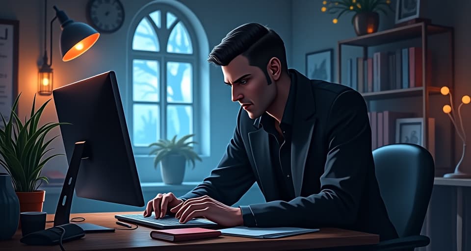  ethereal workspace in a whimsical, enchanted office setting. a darkly clad male coworker with a sinister aura, shadowy eyes glancing sideways, a sense of hidden malice.. the style is digital art illustration,highly detailed, whimsical,magical, dreamlike atmosphere, realism and fantasy blend, smooth, glossy textures,luminous quality, wonder and enchantment.