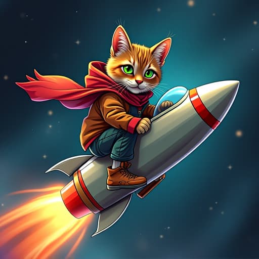  in a vibrant, comic book inspired scene, hemule, the anthropomorphic tabby cat with rebellious charisma, pilots a sleek rocket through the starry expanse of space. his green eyes glint with determination as he navigates the cosmos, embodying a tough yet stylish persona amidst the cosmic backdrop. hyperrealistic, full body, detailed clothing, highly detailed, cinematic lighting, stunningly beautiful, intricate, sharp focus, f/1. 8, 85mm, (centered image composition), (professionally color graded), ((bright soft diffused light)), volumetric fog, trending on instagram, trending on tumblr, HDR 4K, 8K