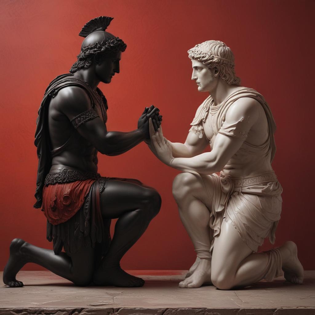 A poignant image of Priam kneeling before Achilles, showcasing a powerful exchange of emotions. Focus on the contrast between the two characters, highlighting Priam's humility and Achilles' conflicted expression, symbolizing the complex dynamics of grief and forgiveness."in the style of classical Greek pottery art, with intricate black figures on a red background, depicting mythological scenes with a focus on gods and heroes, using a limited color palette of red, black, and white"This image is a breathtaking painting that captures the magical scene with vivid detail. The overall composition is spellbinding, showcasing a perfect harmony. photorealism fantasy, unreal engine 5, concept hyperrealistic, full body, detailed clothing, highly detailed, cinematic lighting, stunningly beautiful, intricate, sharp focus, f/1. 8, 85mm, (centered image composition), (professionally color graded), ((bright soft diffused light)), volumetric fog, trending on instagram, trending on tumblr, HDR 4K, 8K