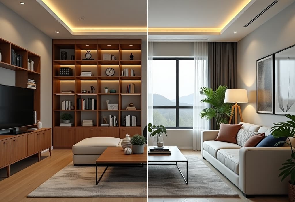  a landscape photo of a before and after split screen image of a living room, showing a cluttered space transformed into a minimalist haven with multifunctional furniture and hidden storage solutions hyperrealistic, full body, detailed clothing, highly detailed, cinematic lighting, stunningly beautiful, intricate, sharp focus, f/1. 8, 85mm, (centered image composition), (professionally color graded), ((bright soft diffused light)), volumetric fog, trending on instagram, trending on tumblr, HDR 4K, 8K