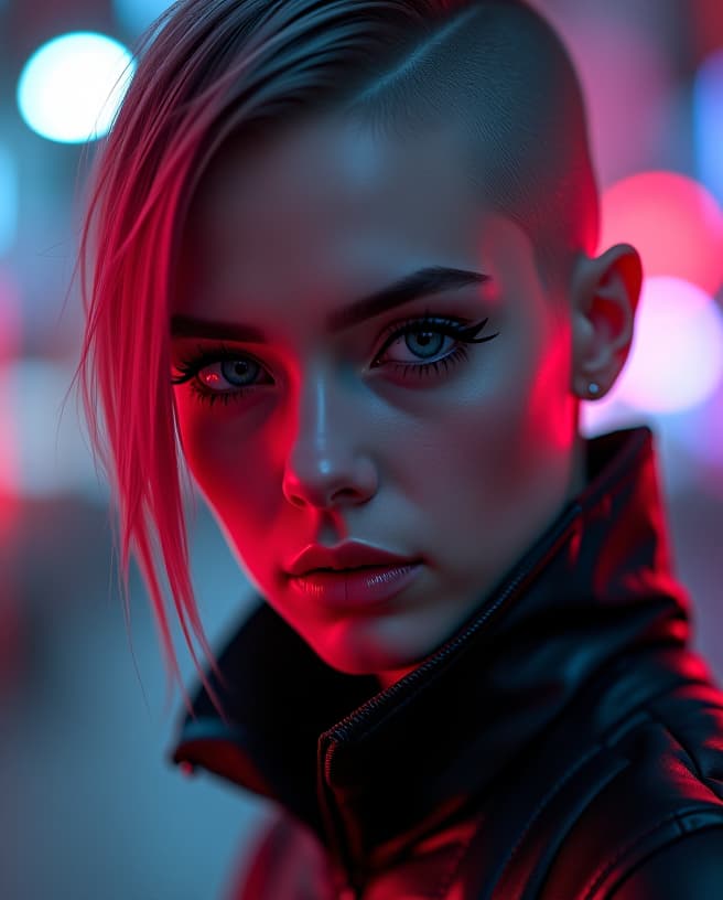  ultra realistic close up portrait ((beautiful pale cyberpunk female with heavy black eyeliner)), blue eyes, shaved side haircut, hyper detail, cinematic lighting, magic neon, dark red city, canon eos r3, nikon, f/1.4, iso 200, 1/160s, 8k, raw, unedited, symmetrical balance, in frame, 8k hyperrealistic, full body, detailed clothing, highly detailed, cinematic lighting, stunningly beautiful, intricate, sharp focus, f/1. 8, 85mm, (centered image composition), (professionally color graded), ((bright soft diffused light)), volumetric fog, trending on instagram, trending on tumblr, HDR 4K, 8K