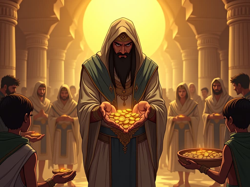  a benevolent figure handing out coins and food to needy villagers in an egyptian setting, radiant sunlight, atmosphere of aid and generosity. the style is digital art illustration / modern comic book / mysterious occult, symbolic, esoteric vibe,high detail on character design, incorporating ancient egyptian symbology and attire.