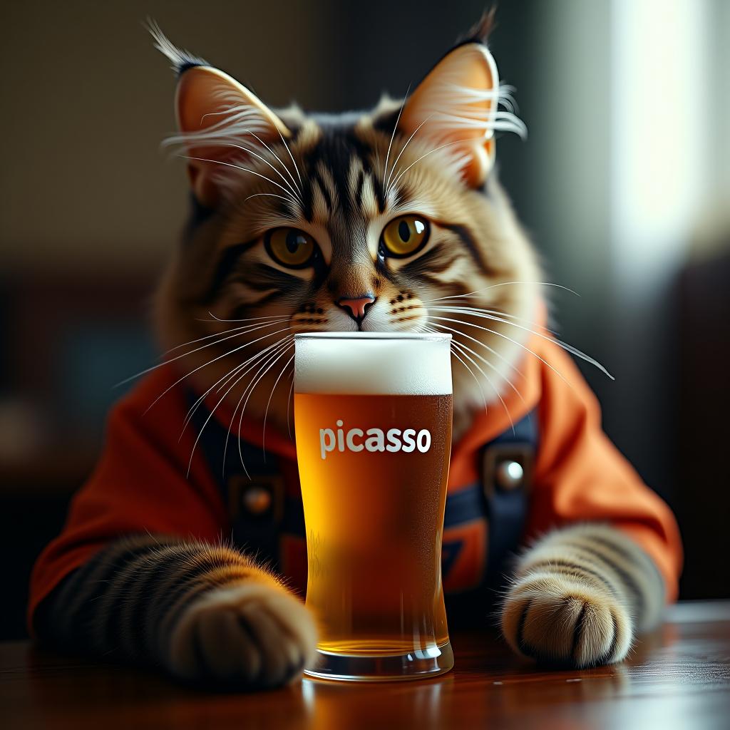  la foto de un gato, tomando una cerveza y en la cerveza hay un texto que dice picasso hyperrealistic, full body, detailed clothing, highly detailed, cinematic lighting, stunningly beautiful, intricate, sharp focus, f/1. 8, 85mm, (centered image composition), (professionally color graded), ((bright soft diffused light)), volumetric fog, trending on instagram, trending on tumblr, HDR 4K, 8K