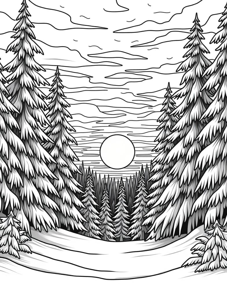  this is for an adult coloring page. a detailed black and white line art of a snowy winter sunset over a snow covered forest on a solid white background.