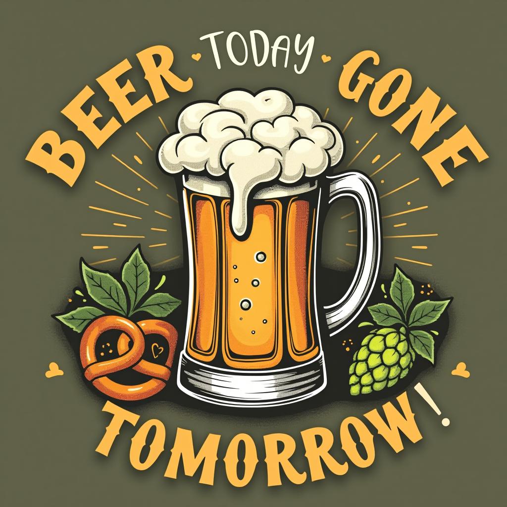  a vintage style t shirt with a frothy beer mug and playful text 'beer today, gone tomorrow!' amidst oktoberfest elements like pretzels and hops.