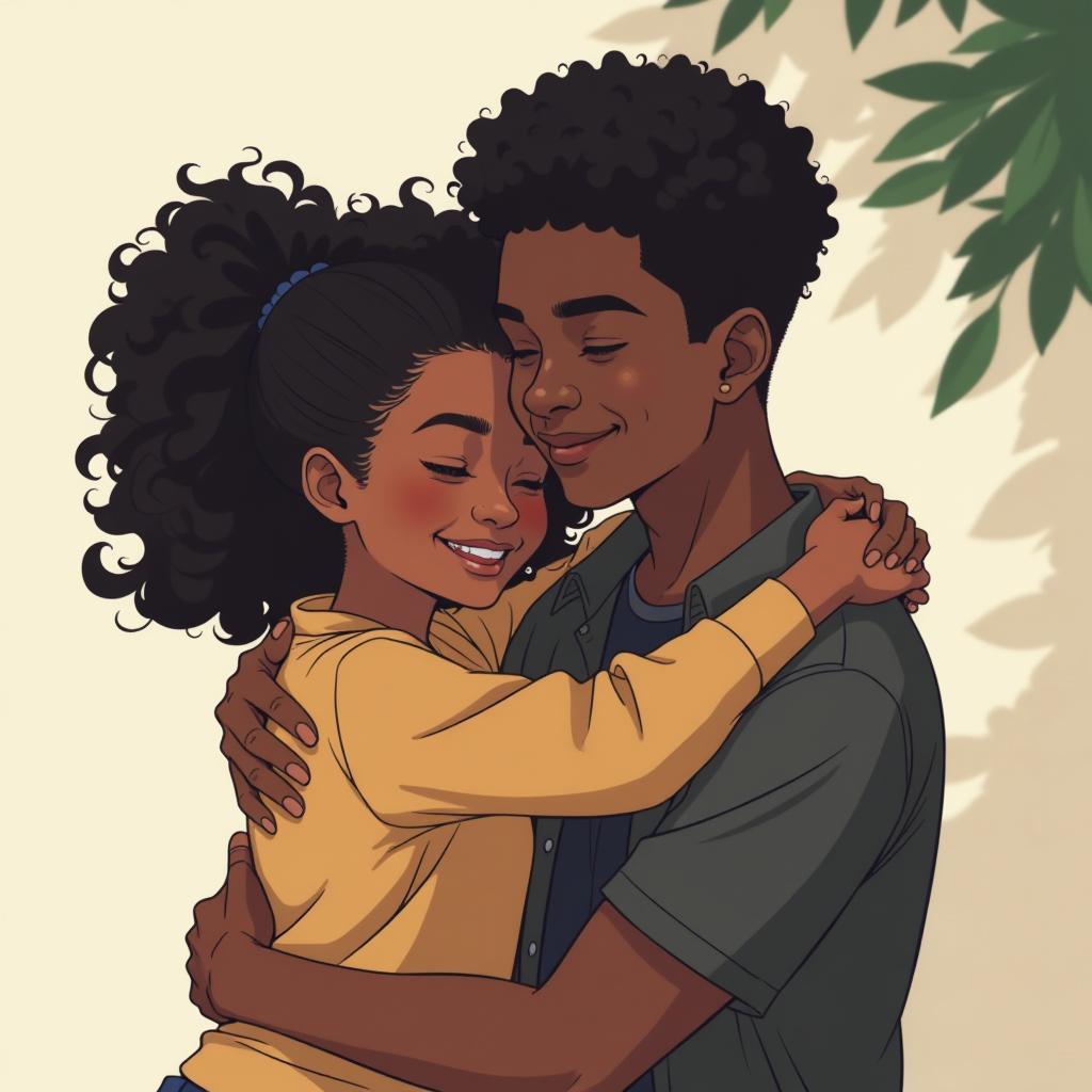  a black girl hugging a white boy . in anime style