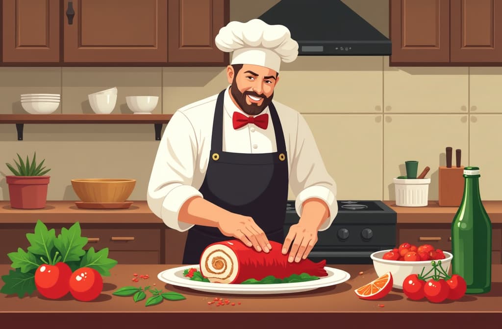  flat illustration, flaticon, (illustration:1.15), a chef or a home cook prepares a festive main dish such as stuffed meat or fish, surrounded by fresh vegetables and spices, a cozy kitchen environment, high detail ar 3:2, [cory loftis, strobist, pascal campion :: 0.2]