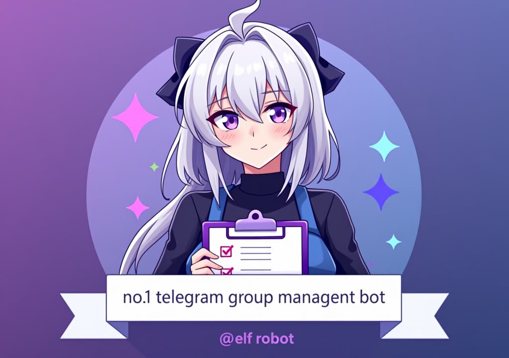  good quality, high quality, a profile picture for a telegram group management bot featuring emilia from re:zero. emilia is depicted with her silver hair and purple eyes, holding a stylized clipboard with a checklist. the background is a soft gradient of purple and blue, symbolizing efficiency and organization. a banner at the bottom reads, "no.1 telegram group management bot @elf robot" in clean, modern font.