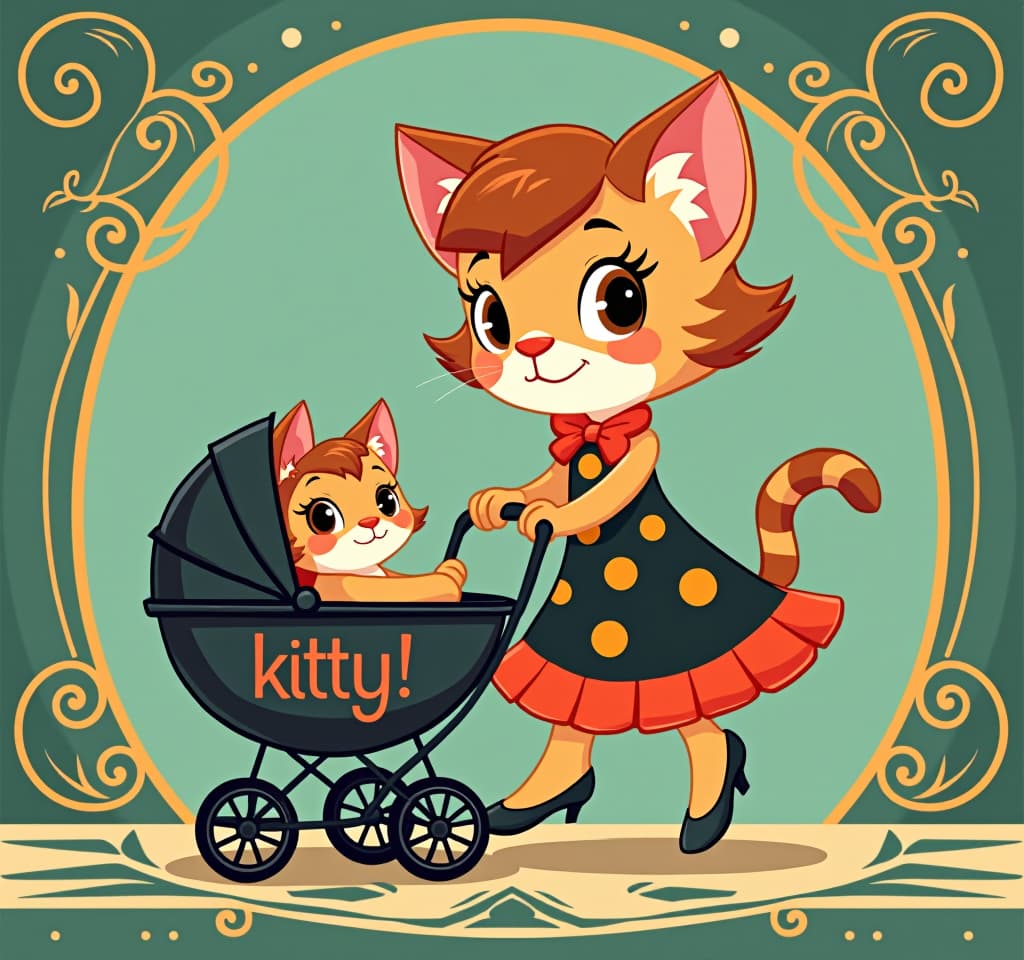  art deco style a charming cartoon style ilration depicting a cute kitten, a with a lush hairstyle in a fashionable dress, pushing a stroller with a kitten, on the stroller the inscription "kitty!" written in bright colors, a happy and expression of the muzzle, from disney artist mary blair, ideal for ren's books or posters. . geometric shapes, bold colors, luxurious, elegant, decorative, symmetrical, ornate, detailed hyperrealistic, full body, detailed clothing, highly detailed, cinematic lighting, stunningly beautiful, intricate, sharp focus, f/1. 8, 85mm, (centered image composition), (professionally color graded), ((bright soft diffused light)), volumetric fog, trending on instagram, trending on tumblr, HDR 4K, 8K