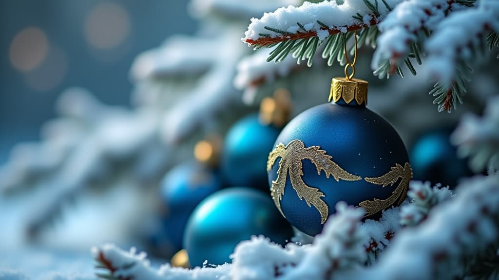  christmas ornaments in blue and gold nestled among snowy branches, capturing the festive holiday spirit.