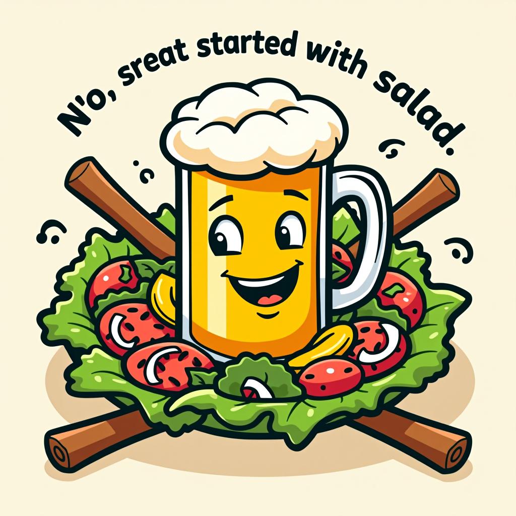  a cartoon salad crossed out, with a large beer mug in the center and the phrase 'no great story started with salad.'