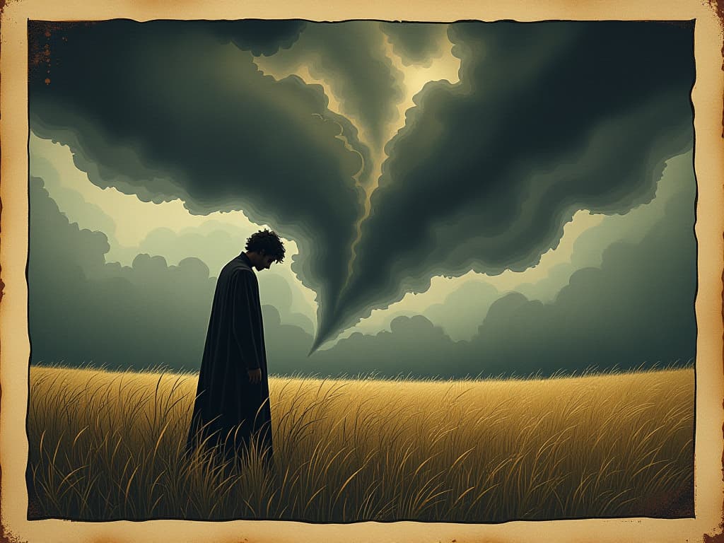  a person standing alone in an open field under a stormy sky, sudden sorrow etched in their expression, distant disaster reflecting in the storm clouds, somber, foreboding. an illustration in the style of a worn, mystical old tarot trump card, mysterious and elements of surrealism. the colors are muted, somber and eerie, but with contrast bring out an occult and esoteric vibe.