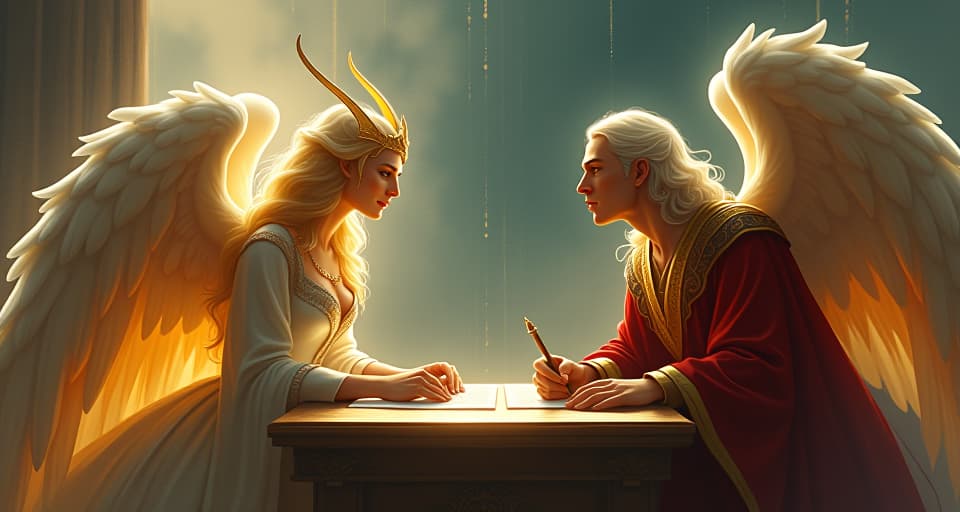  a radiant seraph exchanging pleasantries with a tense celestial scribe in an ethereal palace. hidden grudges, polite words, cracking facade, underlying tension palpable.. the style is digital art illustration,highly detailed, whimsical,magical, dreamlike atmosphere, realism and fantasy blend, smooth, glossy textures,luminous quality, wonder and enchantment.