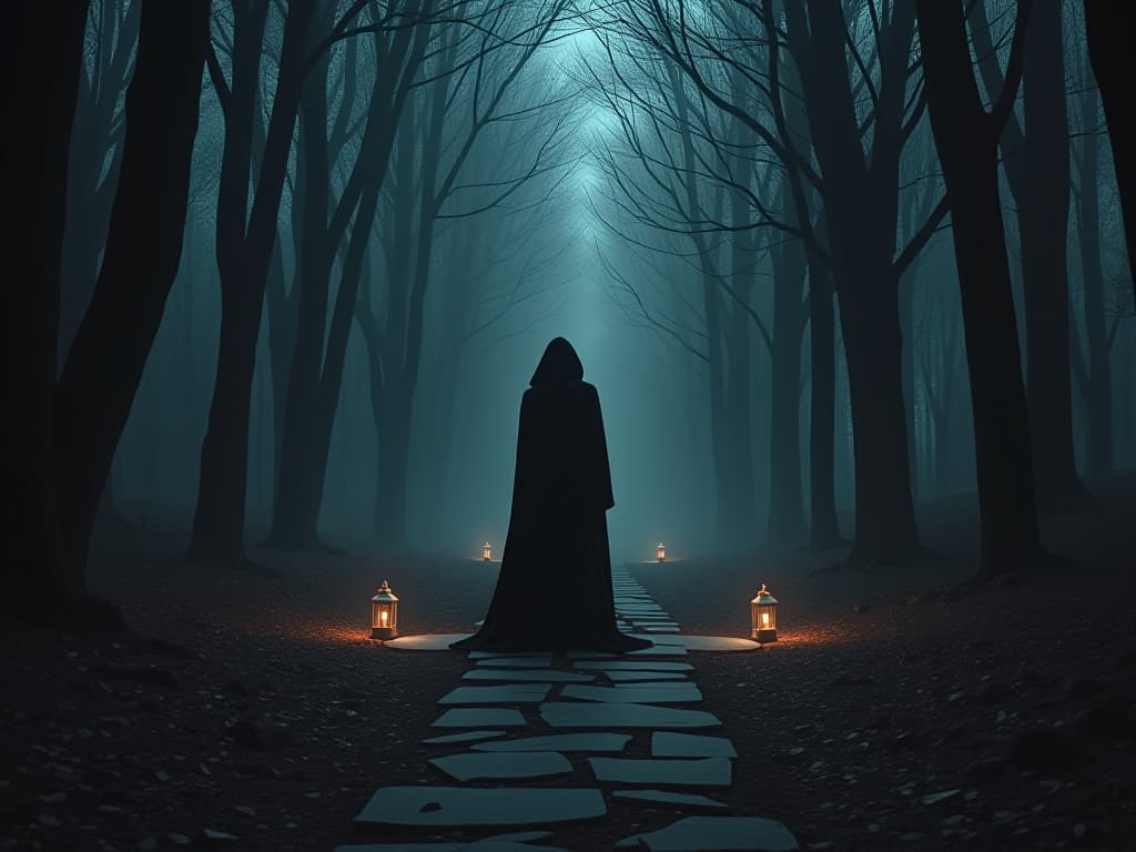  figure standing at a crossroads in a dark forest, paths illuminated by faint lanterns, indecision and self examination, muted colors. the style is dark fantasy and mysterious occult, symbolic, moody lighting, esoteric vibe,high detail on character design. for the color scheme emphasize blacks and reds.