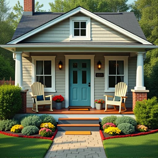  a charming cottage nestled among colorful flowers and lush greenery, with a cozy front porch adorned with comfortable rocking chairs and a welcoming doormat.